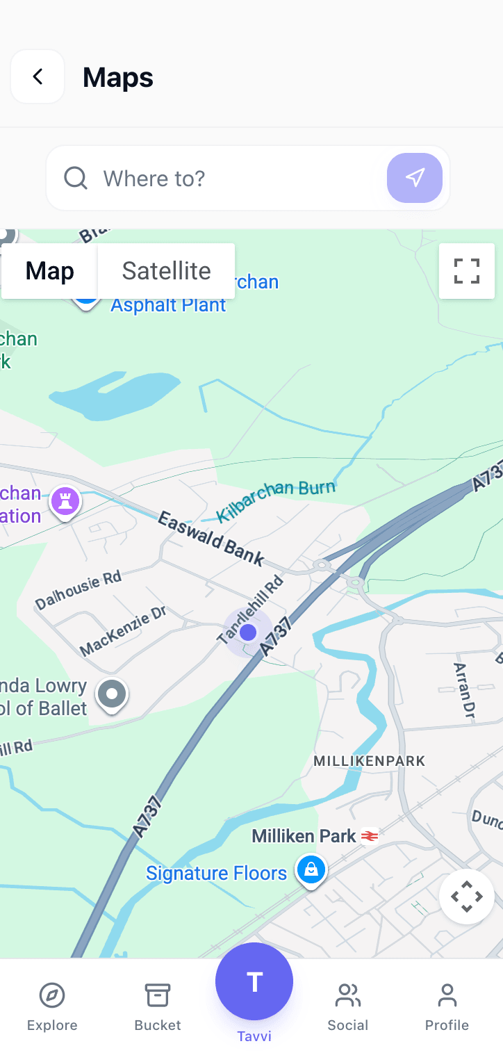 Tavvi maps view showing nearby locations